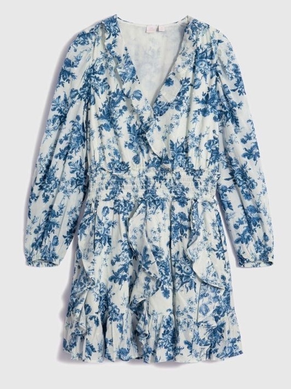 LoveShackFancy Blue Floral Long Sleeve Ruffled Dress